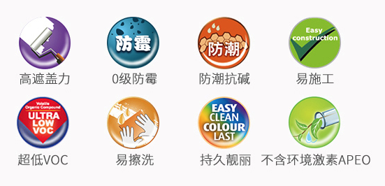 高遮盖力、0级防霉防潮抗碱、易施工、超低VOC、易擦洗、持久靓丽、不含环境激素APEO